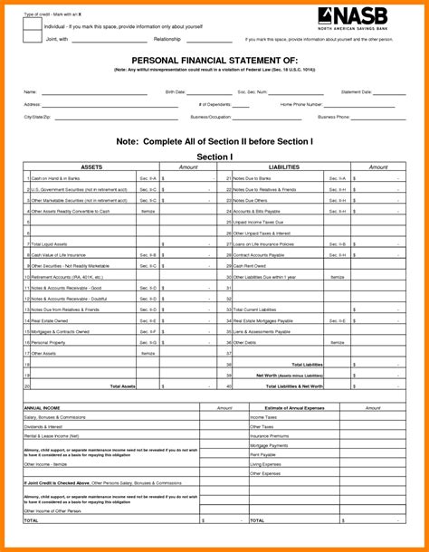 printable personal financial statement form st pertaining