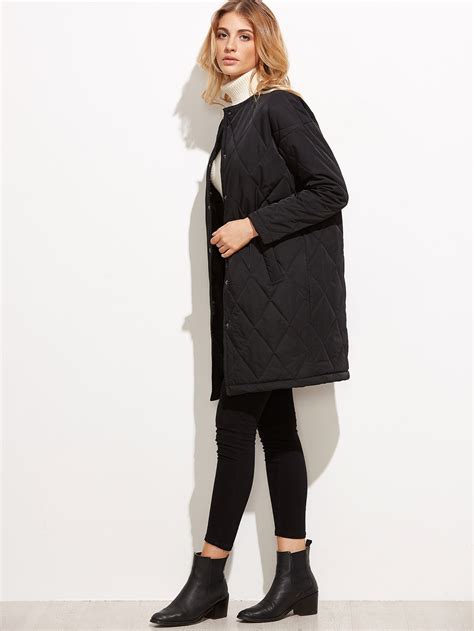Black Quilted Collarless Single Breasted Coat Shein Sheinside