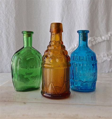 Miniature Glass Bottles Blue Green Amber Bottle Collector Vintage 1970s
