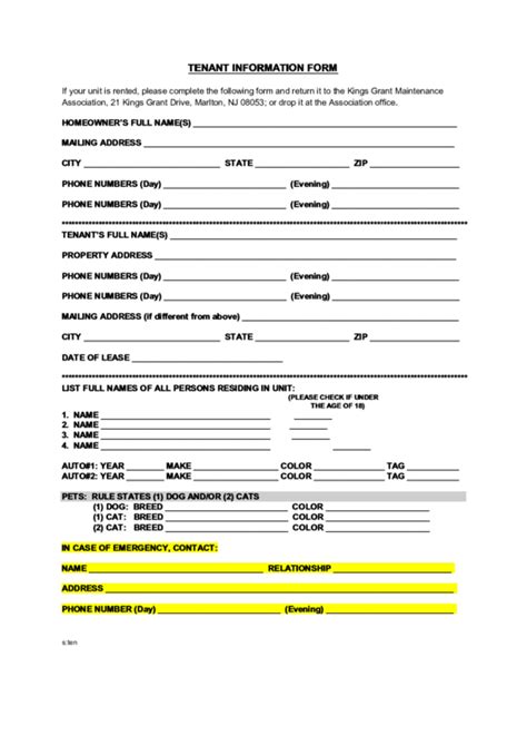 tenant information form template printable