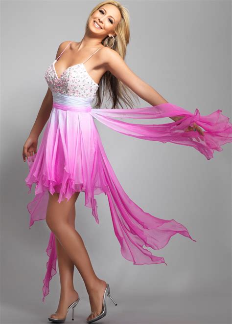 beautiful ombre high  prom dress dave johnny  neon pink ombre asymmetrical prom