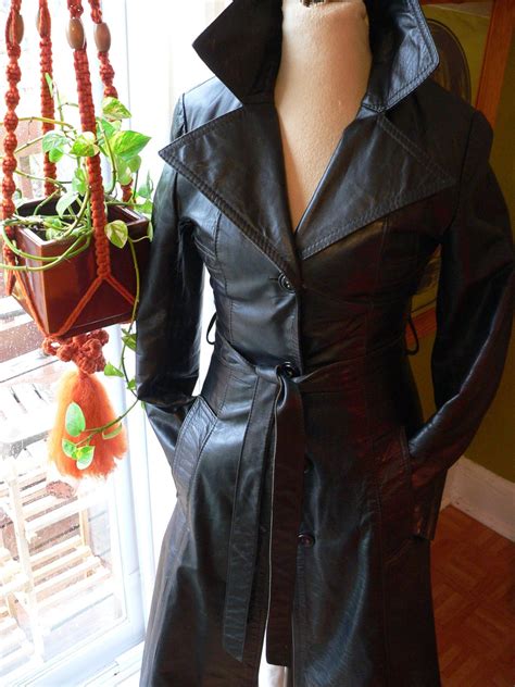 sexy long black 1970s leather trench coat