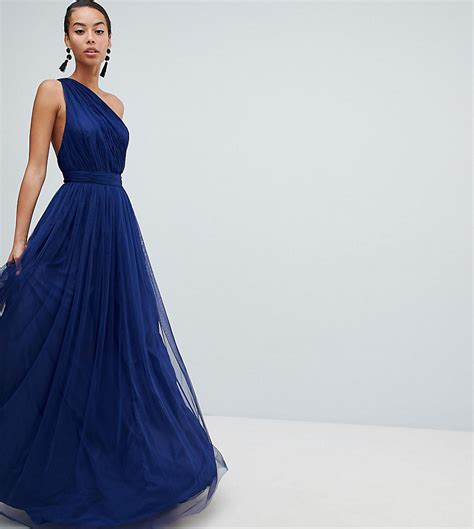 asos design lange premium tule lange jurk met een blote schouder marineblauw tall fashion