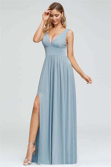 blue v neck sleeveless prom dress long evening party gowns