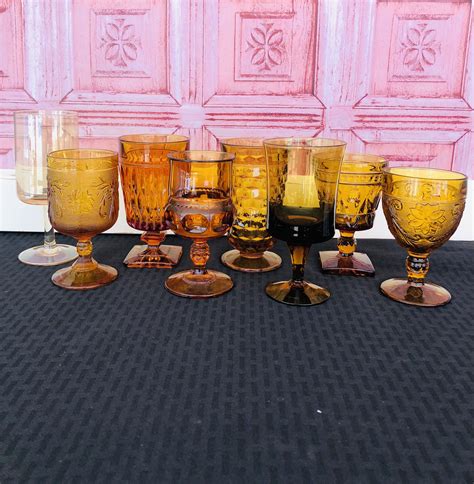 8 Mismatched Water Goblets Mismatched Amber Glasses Vintage Etsy