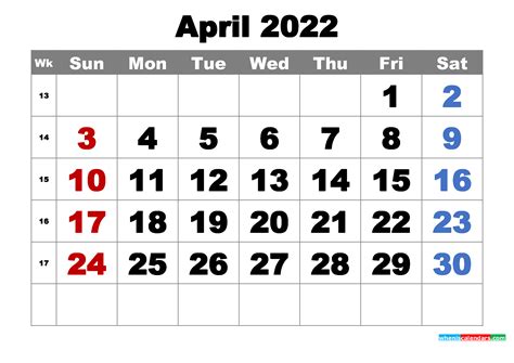 printable april  calendar word  image