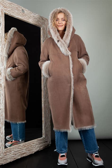 fur lined hooded beige toscana sheepskin coat handmade  nordfur