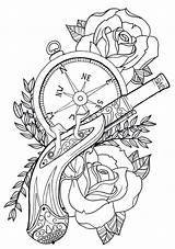 Tattoo Coloring Pages Flash Gun Drawings Rose Drawing Tattoos Stencils School Old Deviantart Unibody Pistol Stencil Color Outline Steampunk Compass sketch template