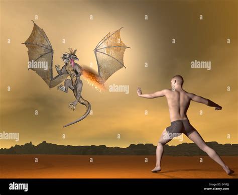 man fighting dragon  render stock photo alamy