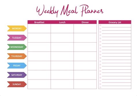 printable meal planner templates  word