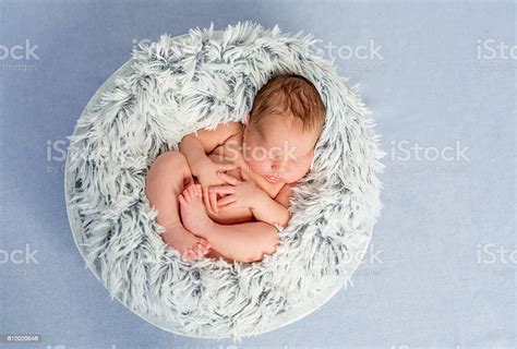 funny little naked newborn with crossed legs sleeping in basket stock