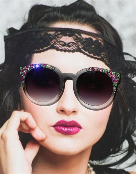 Black Round Sunglasses With Pearls And Pastel Pink And Green Crystals
