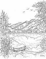 Coloring Pages Landscape Mountains Printable Mountain Nature Drawing Canoe Lake Adult Colouring Adults Scene Kids Jasper Serenity Water Book Metis sketch template