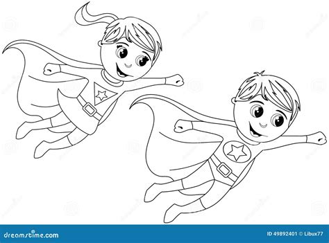 happy superhero kid kids flying isolated coloring page stock vector