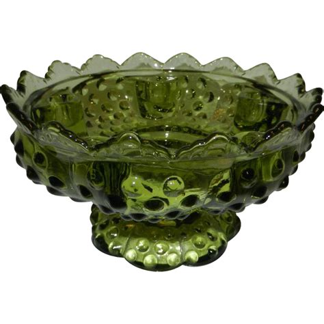 vintage fenton colonial green hobnail footed candle bowl from