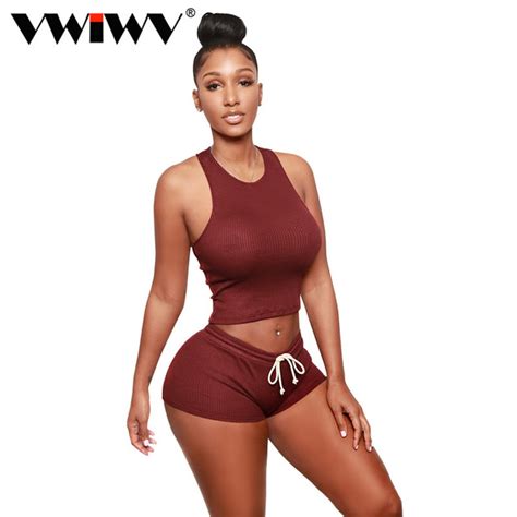 Women Sexy Sleeveless O Neck Crop Tank Top And Lace Up Shorts Sets Sexy