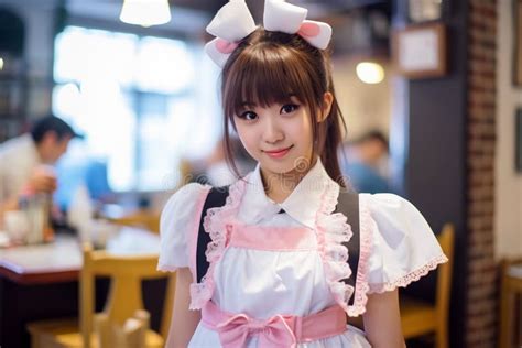 Asian Young Woman Waitress Dressed In Maid Costumes In Japanese Maid