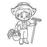 Farmer Coloring Boy Book Rake Drawing Harvest Bucket Illustration Vector Agriculture sketch template