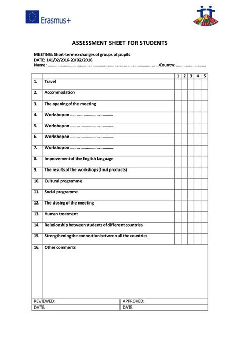 assessment sheet  students