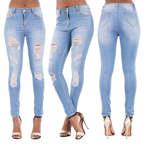 womens ladies sexy high waist skinny ripped jeans blue stretch denim size   ebay