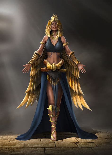 An Egyptian Woman Dressed In Gold And Blue With Wings On Her Chest