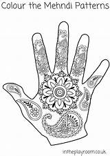 Hand Coloring Pages Mehndi Colouring Hands Patterns Designs Kids Printable Henna Diwali India Template Intheplayroom Mandala Crafts Color Drawing Blank sketch template