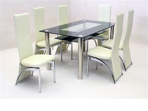 black glass dining table   faux chairs  cream homegenies