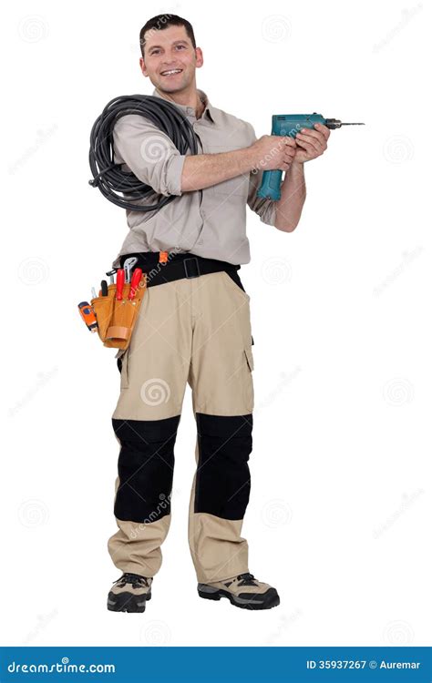 tradesman holding  power tool stock image image  cabling belt
