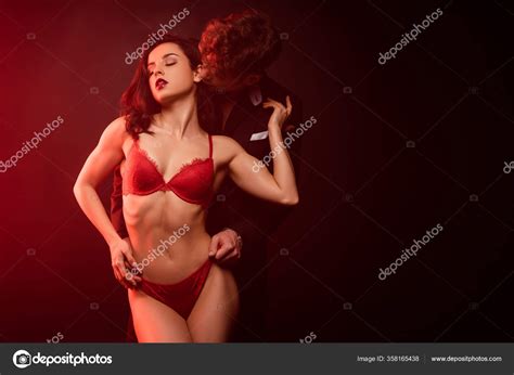 Man Suit Hugging Attractive Sexy Girlfriend Red Lingerie Black Red