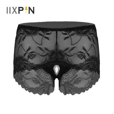 Sexy Women Lingerie Open Crotch Panties See Through Lace Patchwork Mid