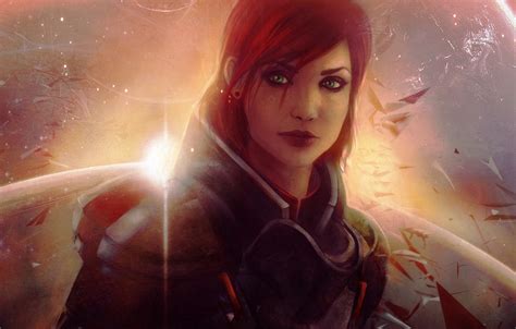 Wallpaper Girl Stars Fragments Planet Red Armor Mass Effect