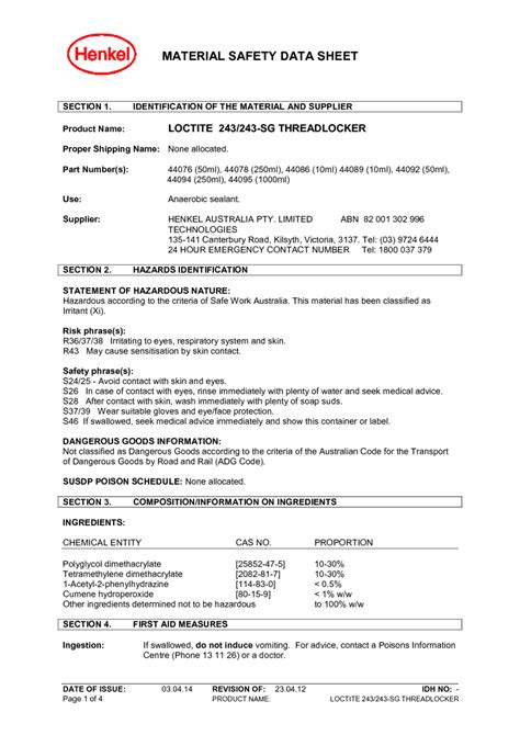 loctite  sg threadlocker msds