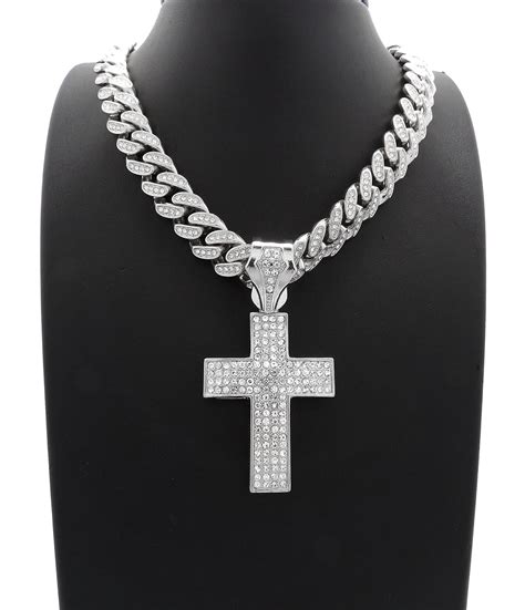 Hip Hop Fashion Iced Out Cross Pendant W 12mm 20 White Gold Tone Iced