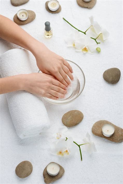 pampering spa  hand soaking  manicure stock photo image