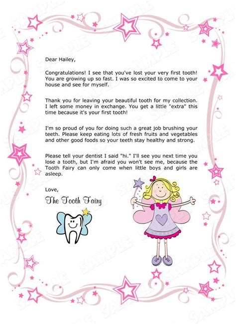 tooth fairy letter  childs st missing tooth girl printable