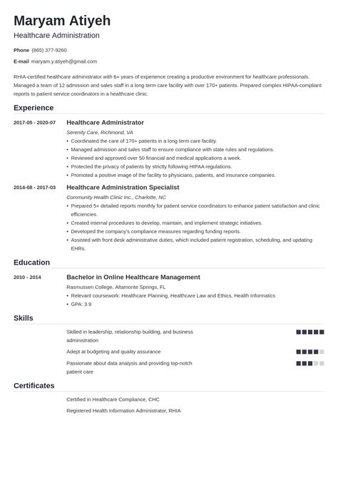 healthcare administration resume samples  writing guide