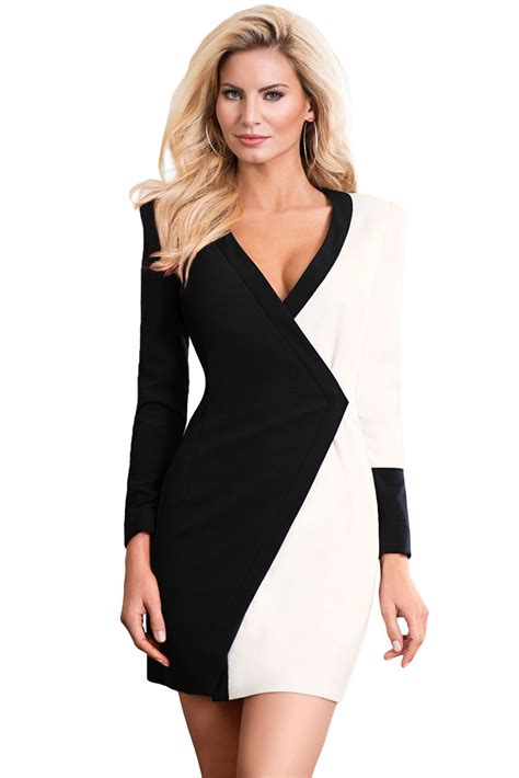 black white color block faux wrap mini dress mini club dresses stylish