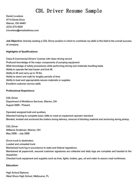 sample resume  cdl truck drivers mryn ism