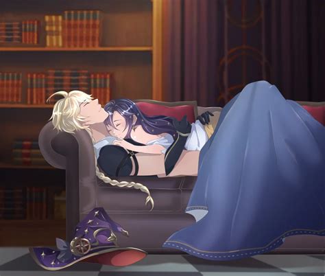 Mona And Aether Cuddling Together Inside The Serenitea Pot Genshin