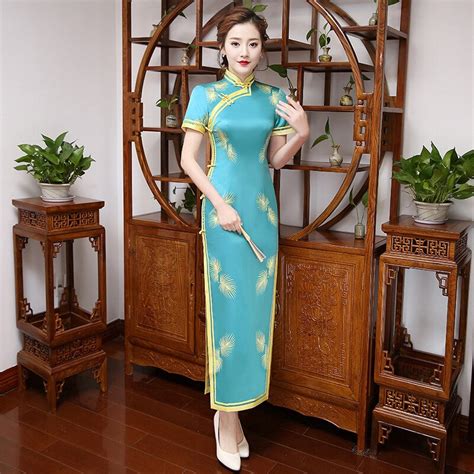 2017 blue cheongsam long qipao dress traditional women clothing chinese