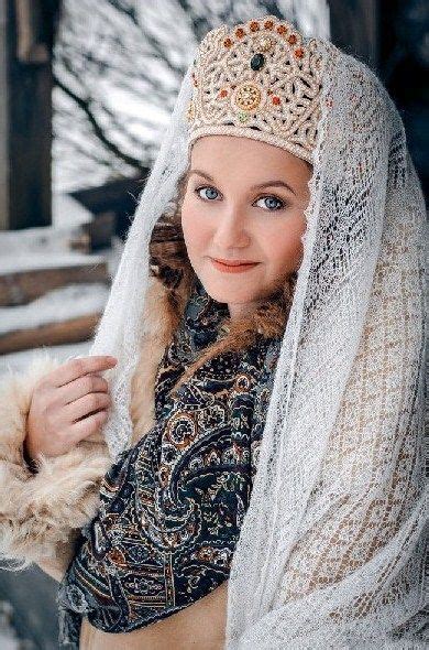 A Pretty Girl In Kokoshnik A Headdress And Russian Orenburg Shawl Oh