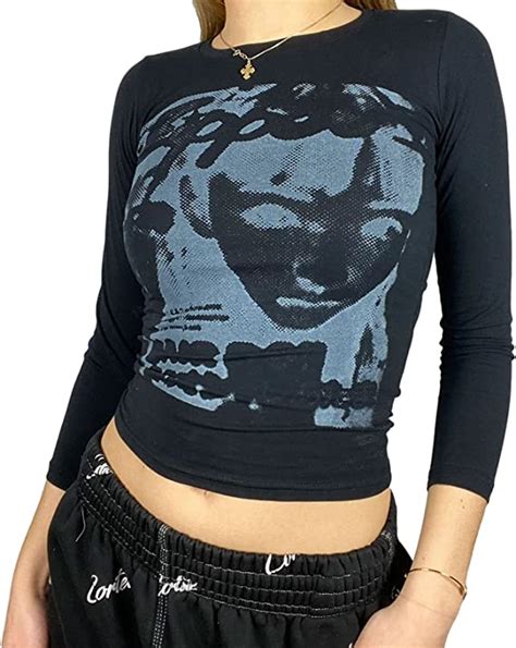 Women Face Portrait Crop Top 90s Vintage Graphic Long Sleeve E Girl