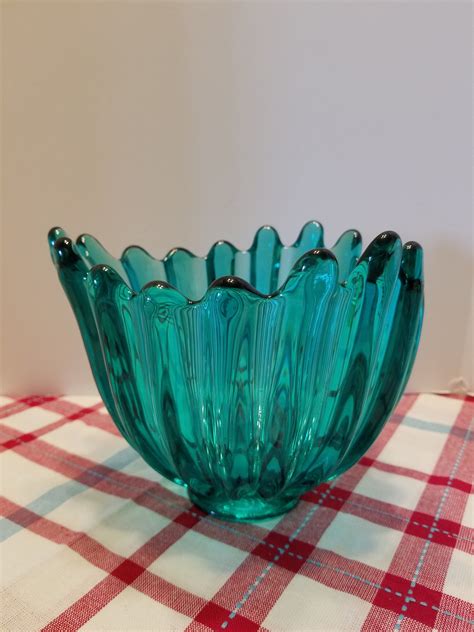 Rare Teal Art Glass Bowl Large And Heavy Glass Bowl Tulip Etsy Art