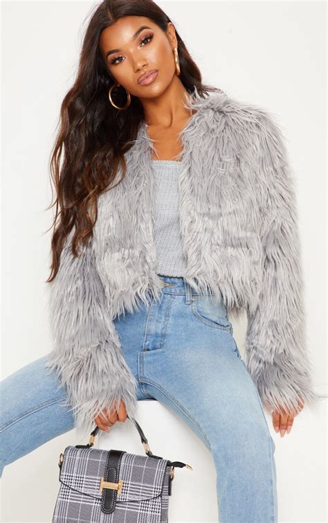 Grey Faux Fur Shaggy Cropped Jacket Jumpers Prettylittlething