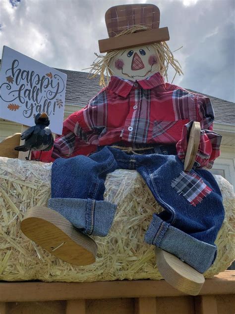 sitting scarecrow wooden scarecrow porch sitter fall etsy