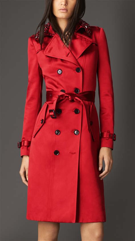 burberry long gem collar satin trench coat in red lyst