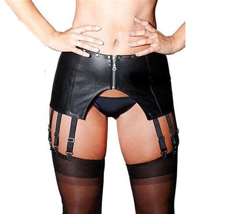 Women S Leather Wet Look Strappy With Attached Garter Belt Leggings