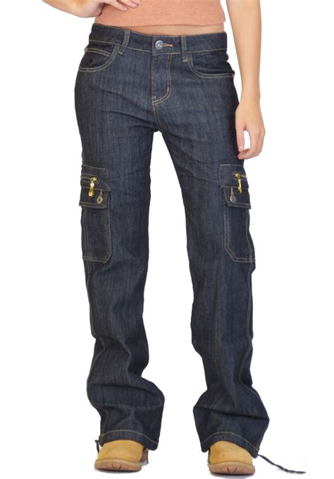 womens ladies wide loose denim combat trousers cargo jeans boyfriend pants blue  ebay