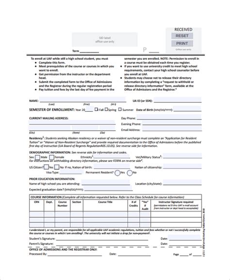 Enrollment Form Sample Master Of Template Document