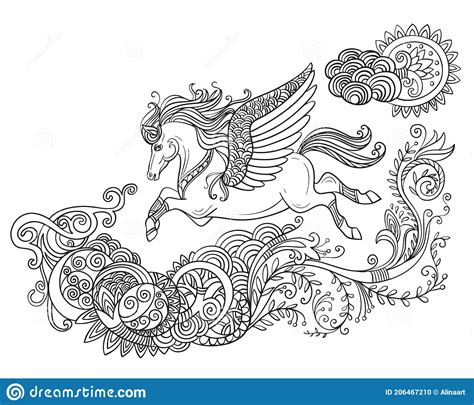 flying horse coloring book vector illustration black stock vector